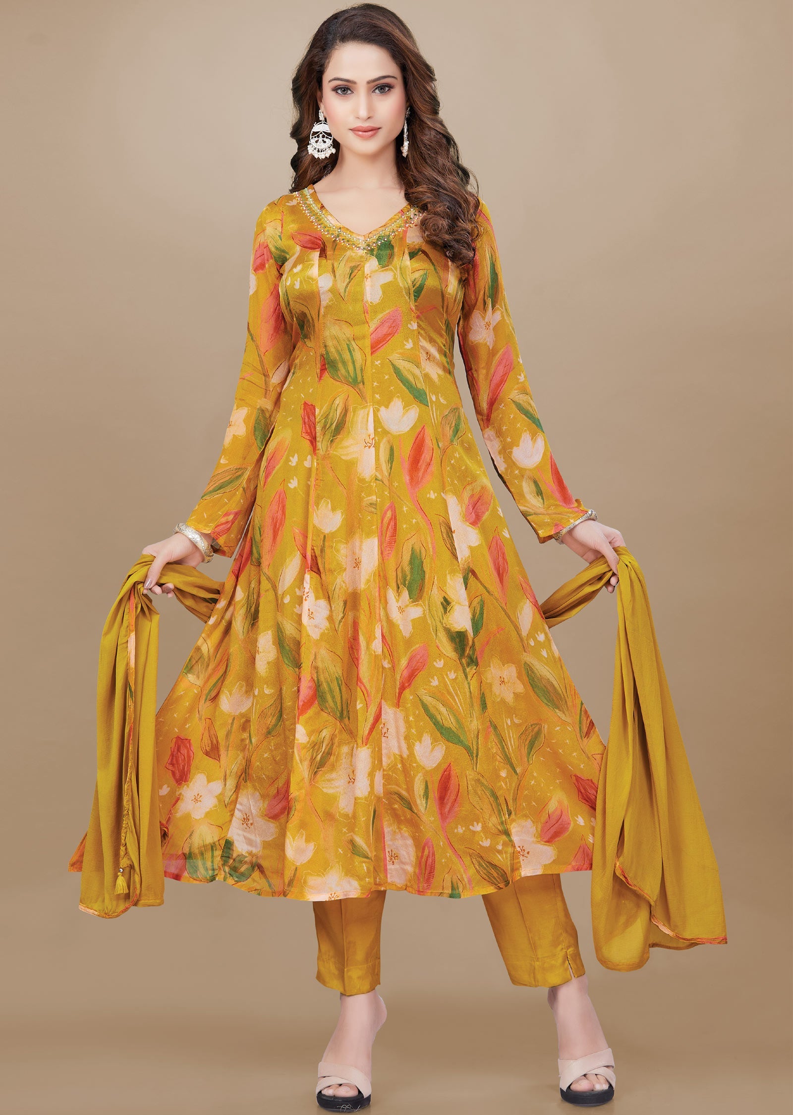 Yellow Chinnon Anarkali