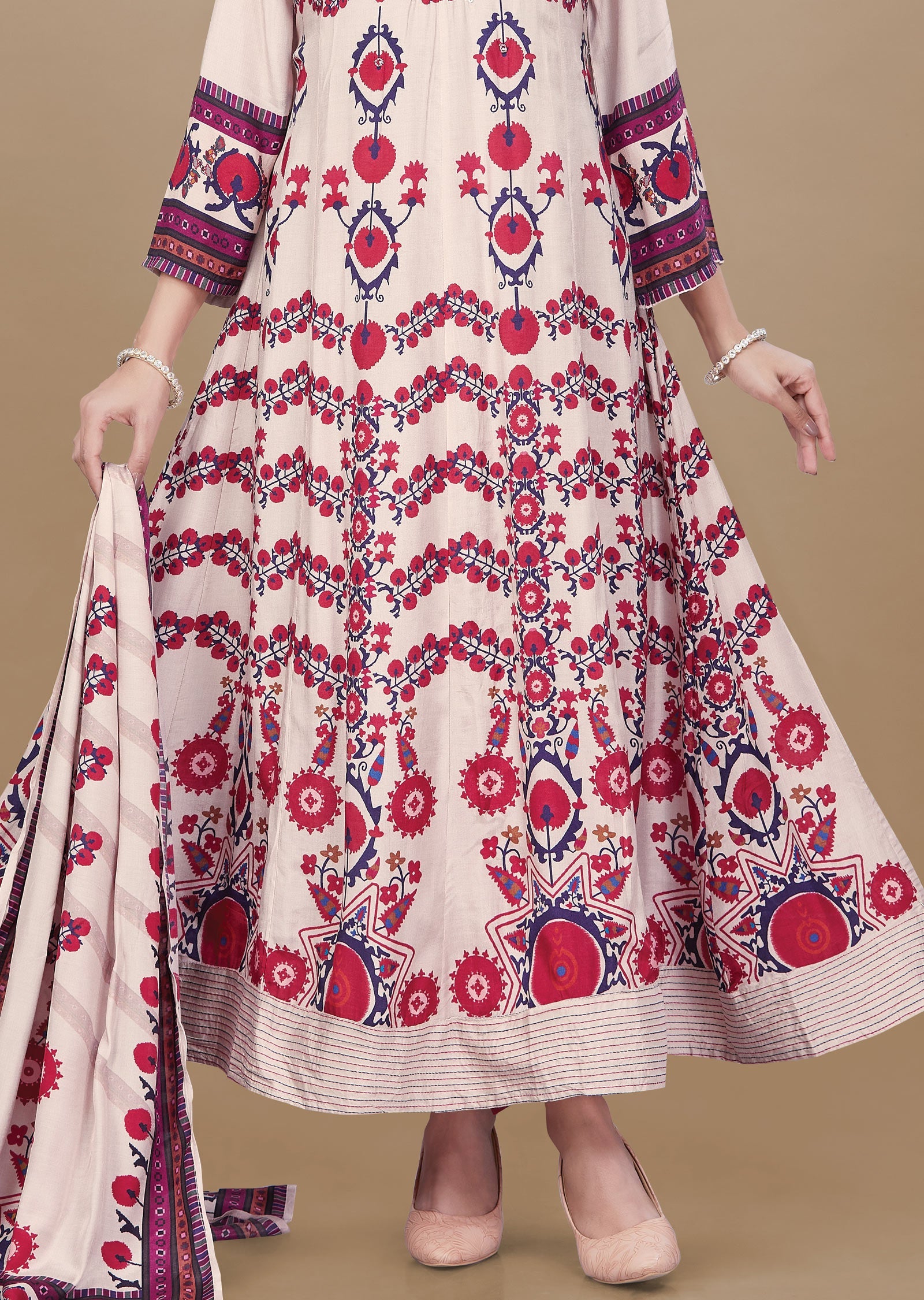 Dusty Peach & Red Muslin Anarkali