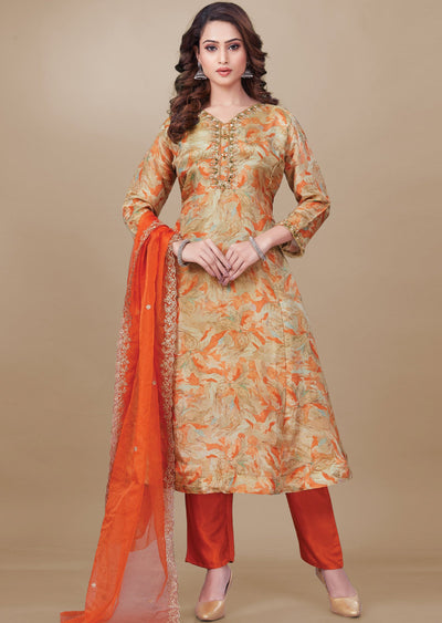 Orange & Gold Tissue Silk Anarkali