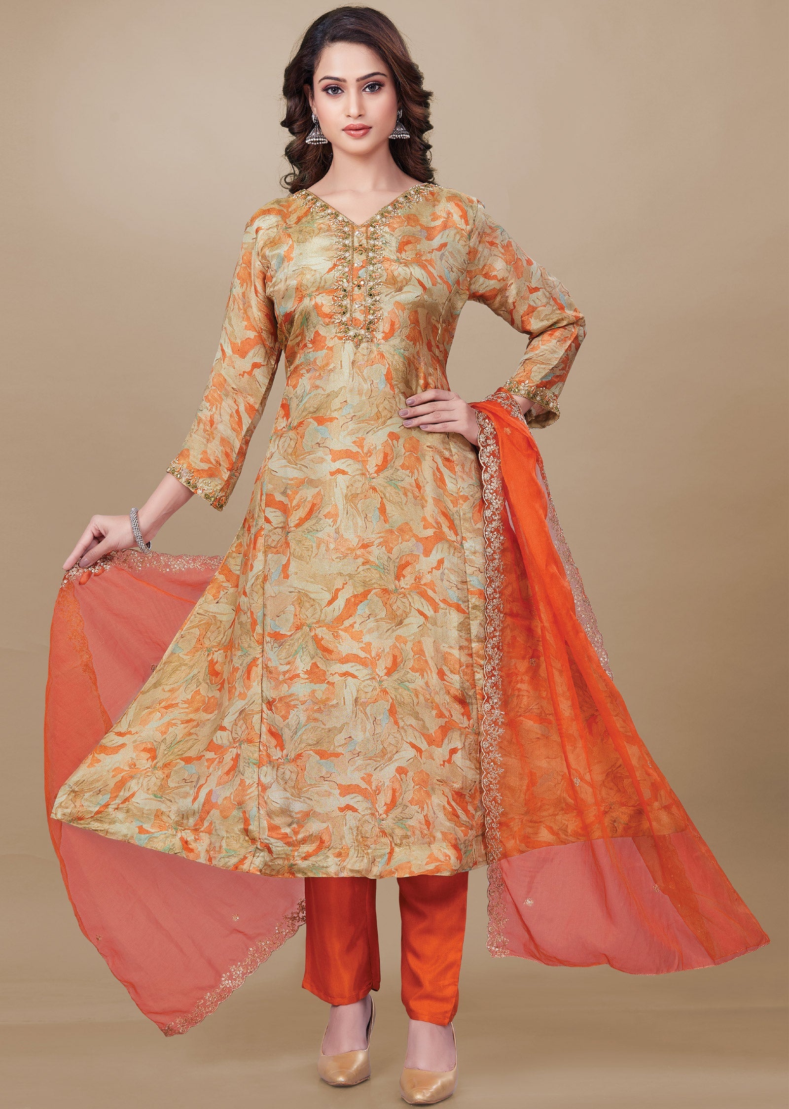 Orange & Gold Tissue Silk Anarkali