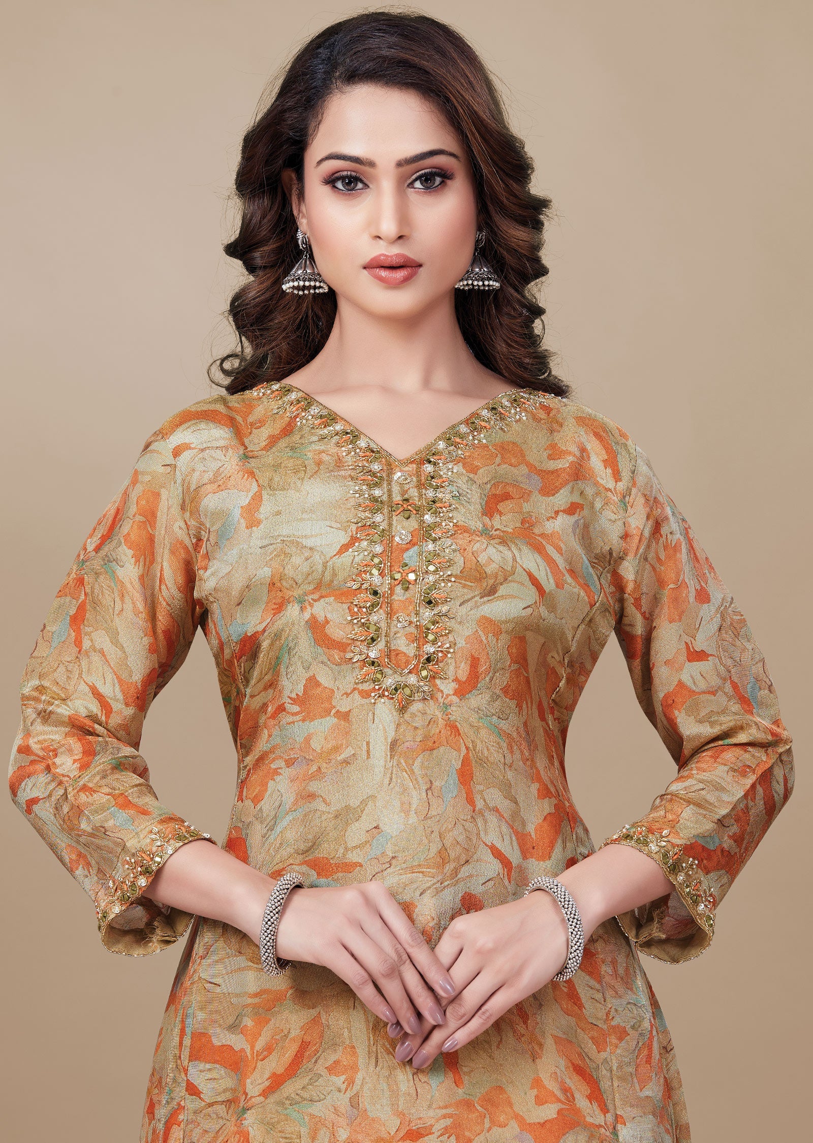 Orange & Gold Tissue Silk Anarkali