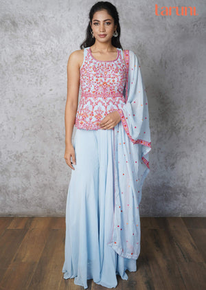 Light Blue Georgette Embroidered Fusion/Indo-Western Set