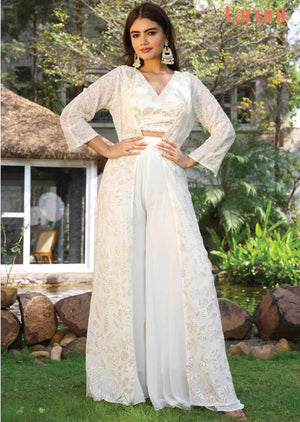 Cream Georgette Embroidered Fusion/Indo-Western Set