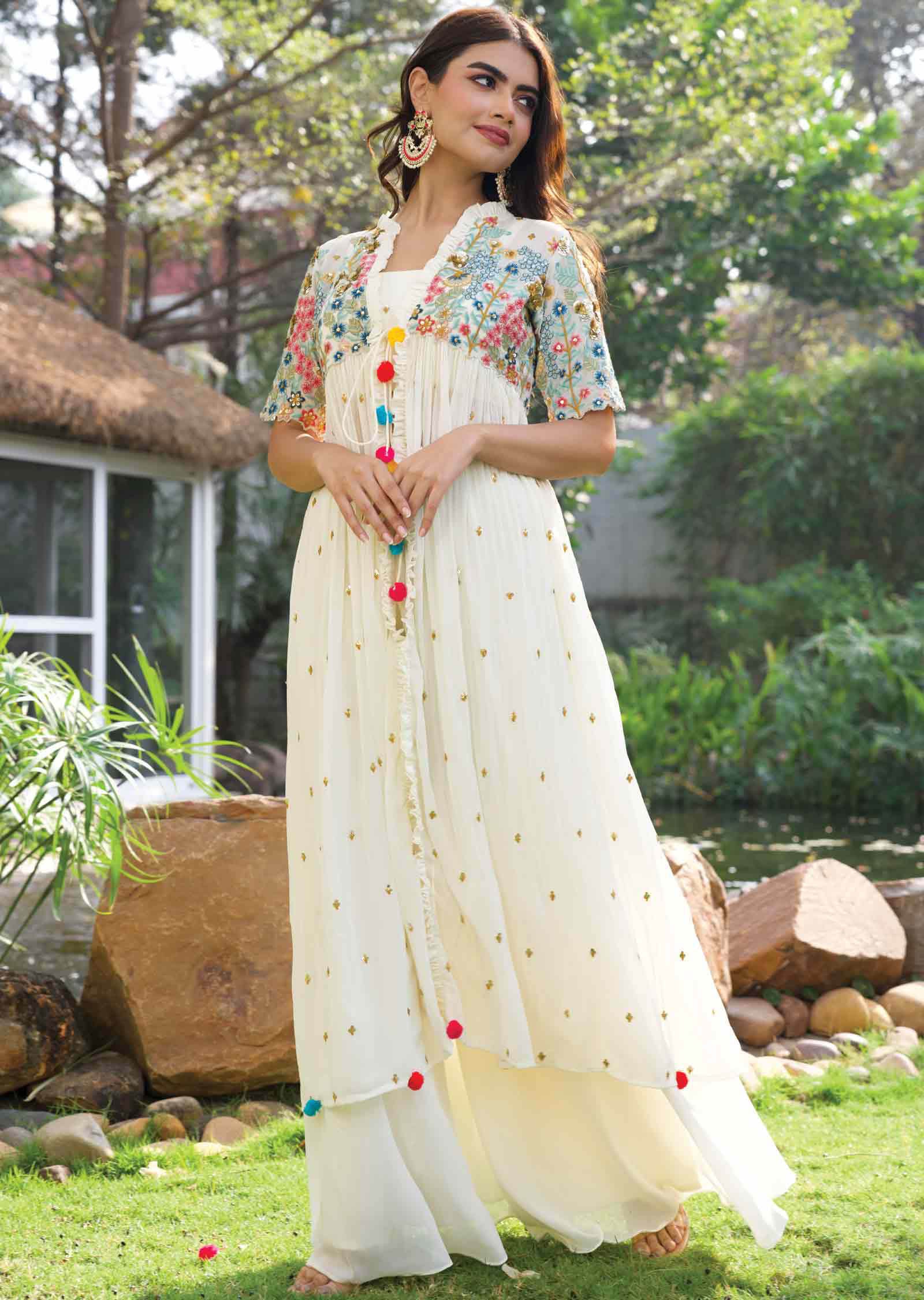 Cream Georgette Embroidered Fusion/Indo-Western Set