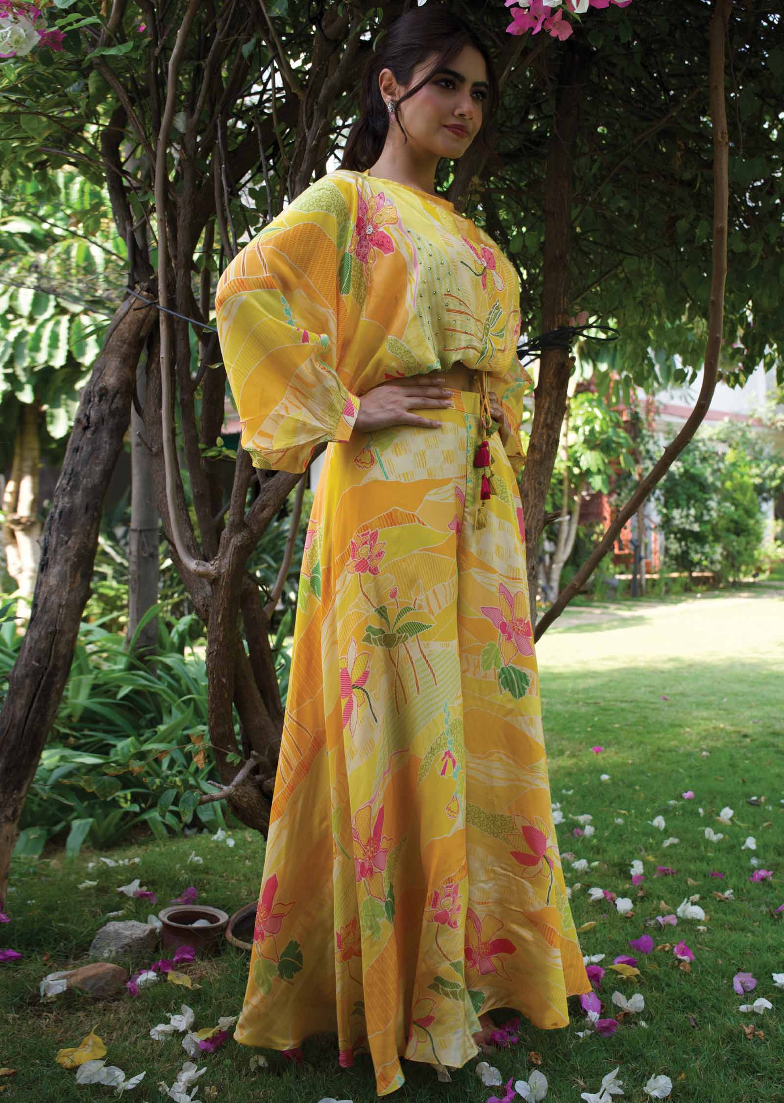 Yellow Crepe Fusion Indo-Western Outfit