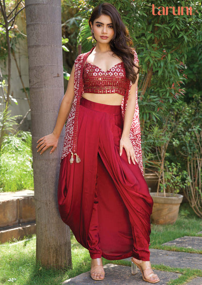 Maroon Georgette/Satin Embroidered Fusion/Indo-Western Set