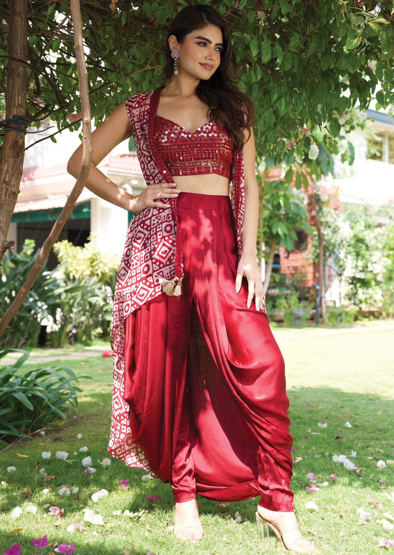 Maroon Georgette/Satin Embroidered Fusion/Indo-Western Set