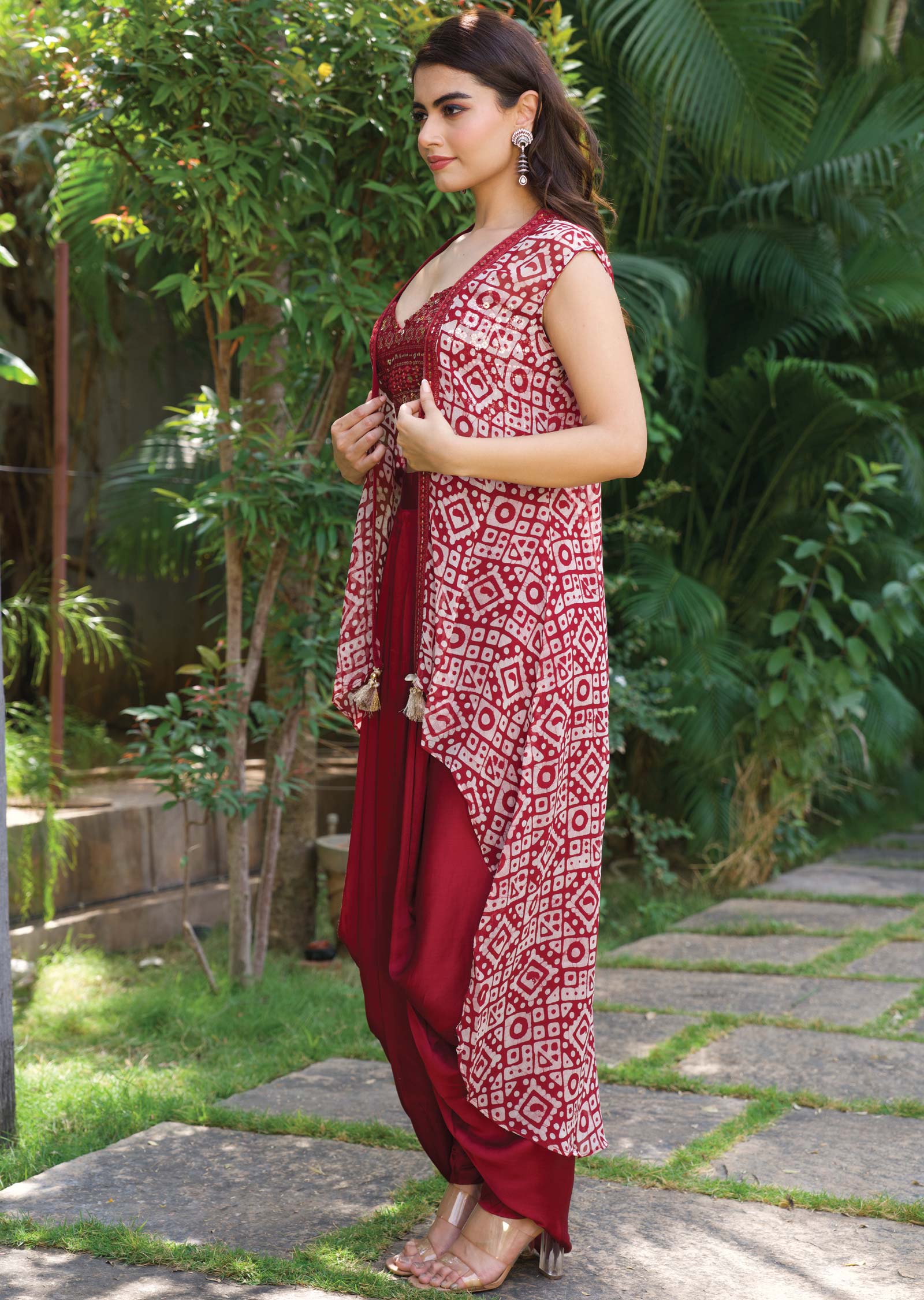 Maroon Georgette/Satin Embroidered Fusion/Indo-Western Set