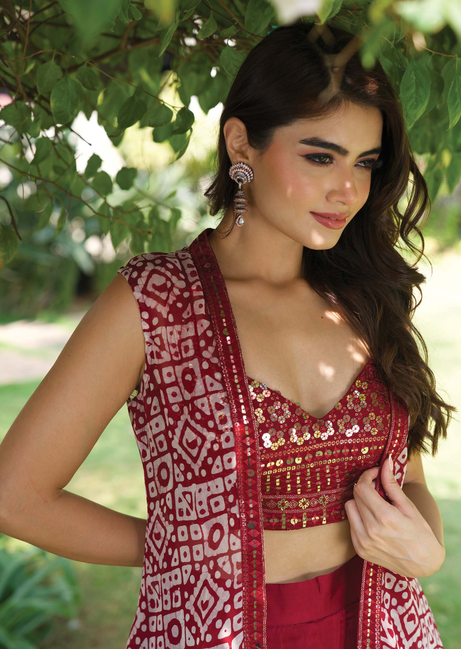 Maroon Georgette/Satin Embroidered Fusion/Indo-Western Set