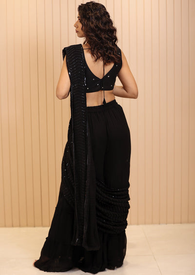 Black Net & Georgette Sequence & Mirror Work Fusion Indo-Western Outfit