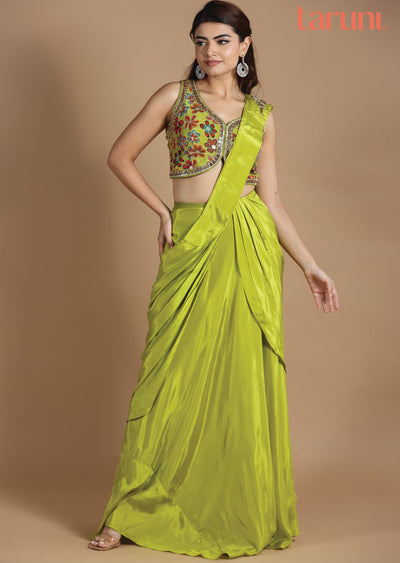 Parrot Green Chiffon Fusion/Indo-Western