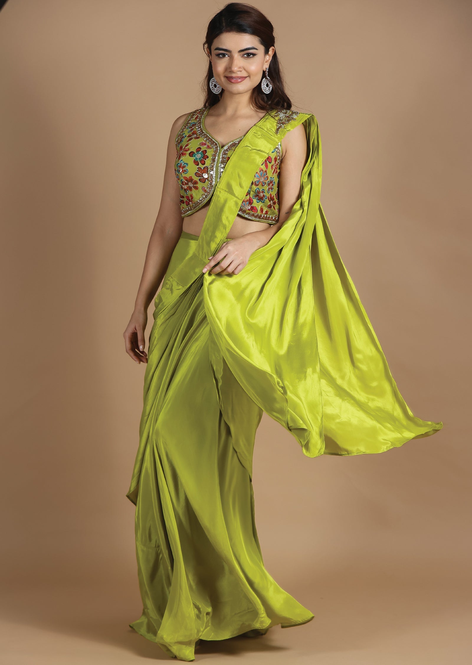 Parrot Green Chiffon Fusion/Indo-Western