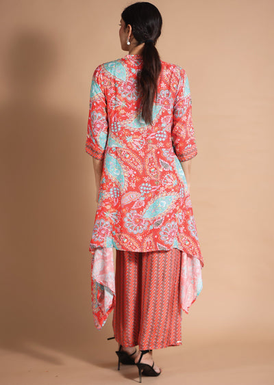 Coral & Sea Green Muslin Fusion/Indo-Western