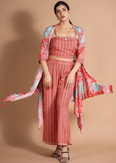 Coral & Sea Green Muslin Fusion/Indo-Western