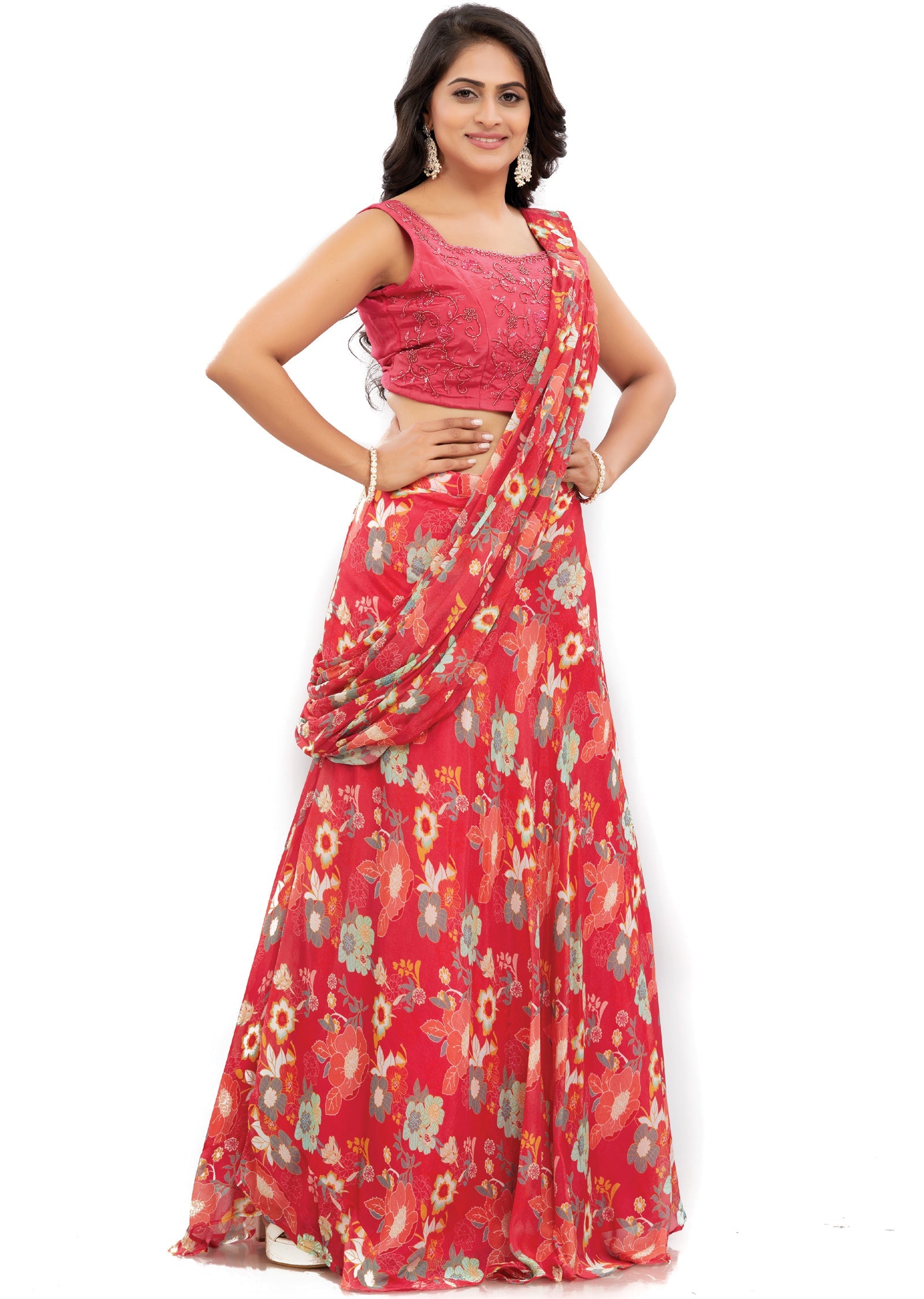 Rani Pink Muslin Fusion/Indo-Western