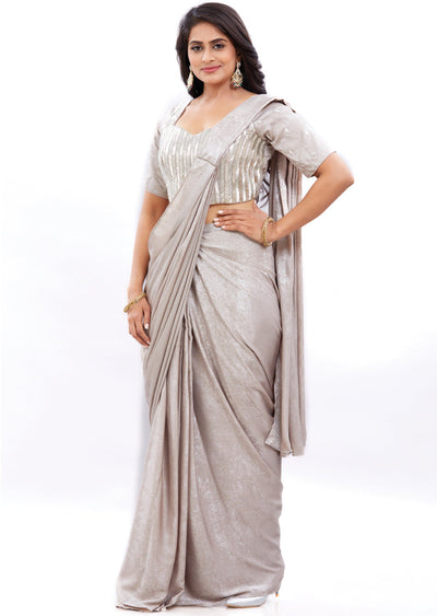 Shimmery Silver Georgette Pre-draped Saree