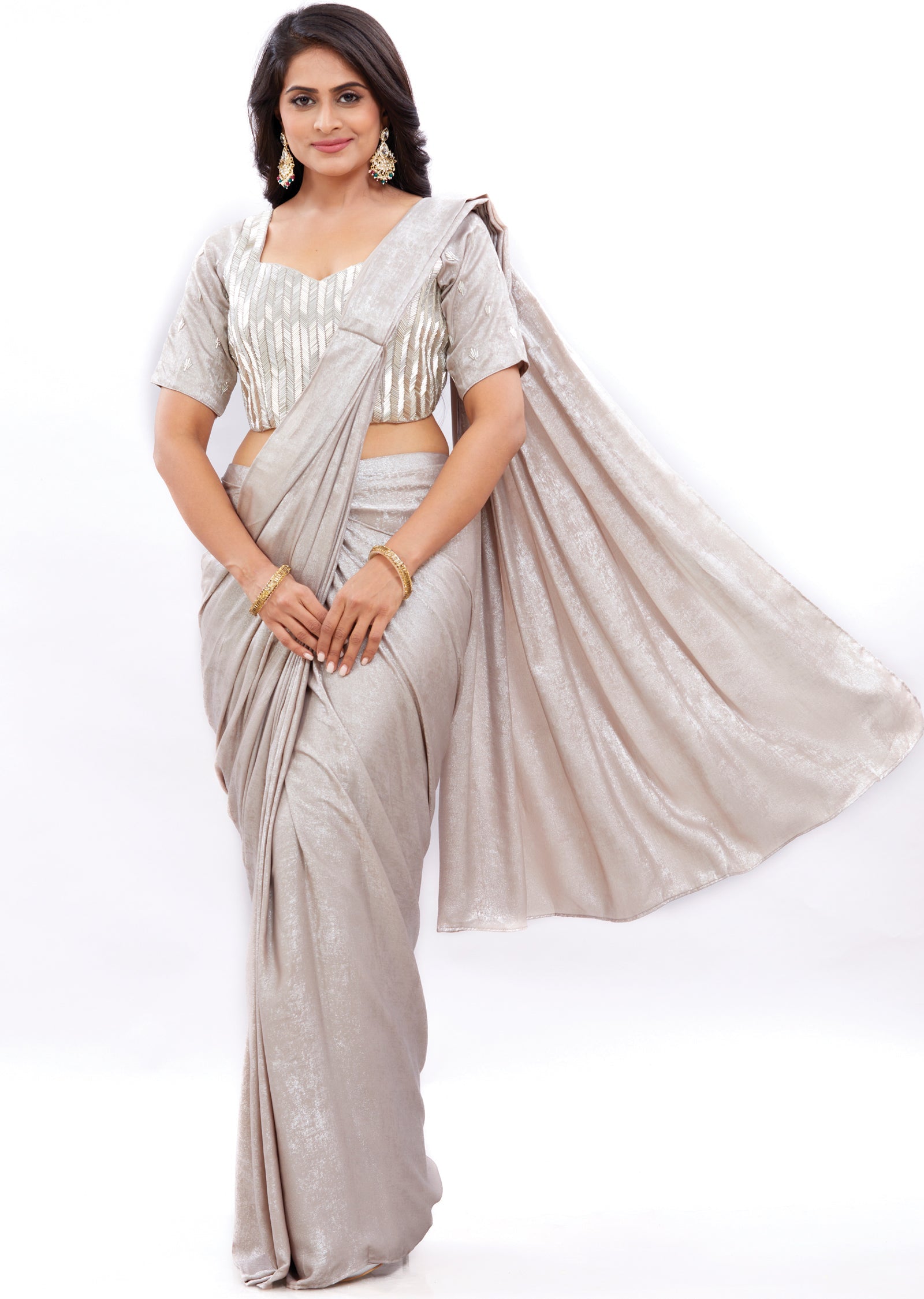 Shimmery Silver Georgette Pre-draped Saree