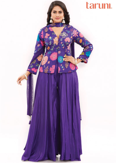 Purple Chinnon Fusion Indo-Western Front Open Blouse with Matching Crepe Palazzo and Net Dupatta