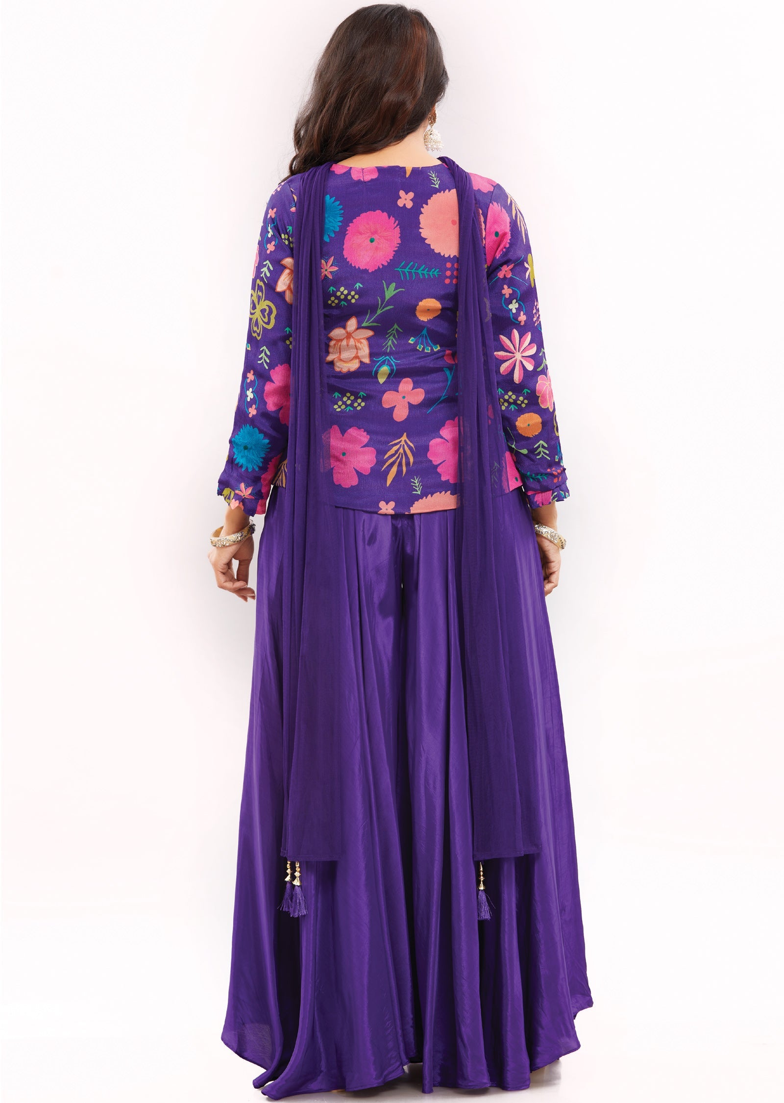 Purple Chinnon Fusion Indo-Western Front Open Blouse with Matching Crepe Palazzo and Net Dupatta