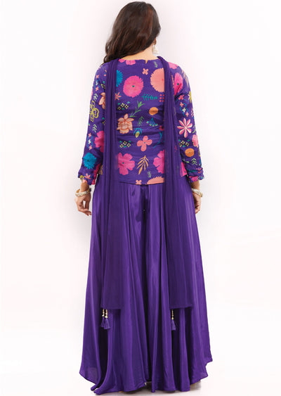 Purple Chinnon Fusion Indo-Western Front Open Blouse with Matching Crepe Palazzo and Net Dupatta