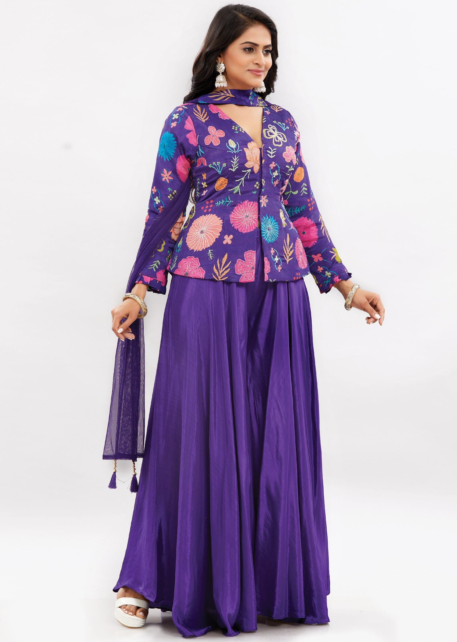 Purple Chinnon Fusion Indo-Western Front Open Blouse with Matching Crepe Palazzo and Net Dupatta