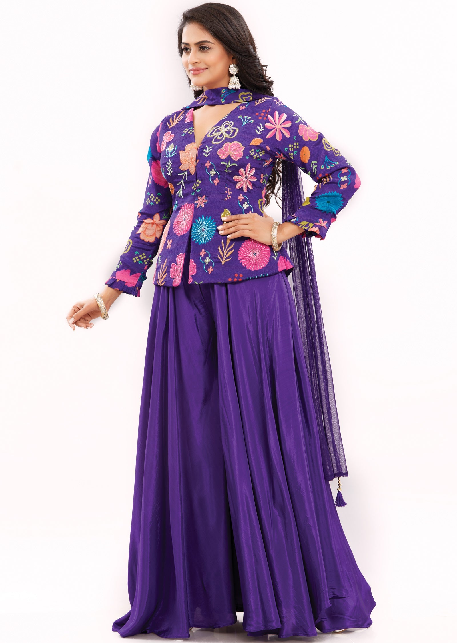 Purple Chinnon Fusion Indo-Western Front Open Blouse with Matching Crepe Palazzo and Net Dupatta