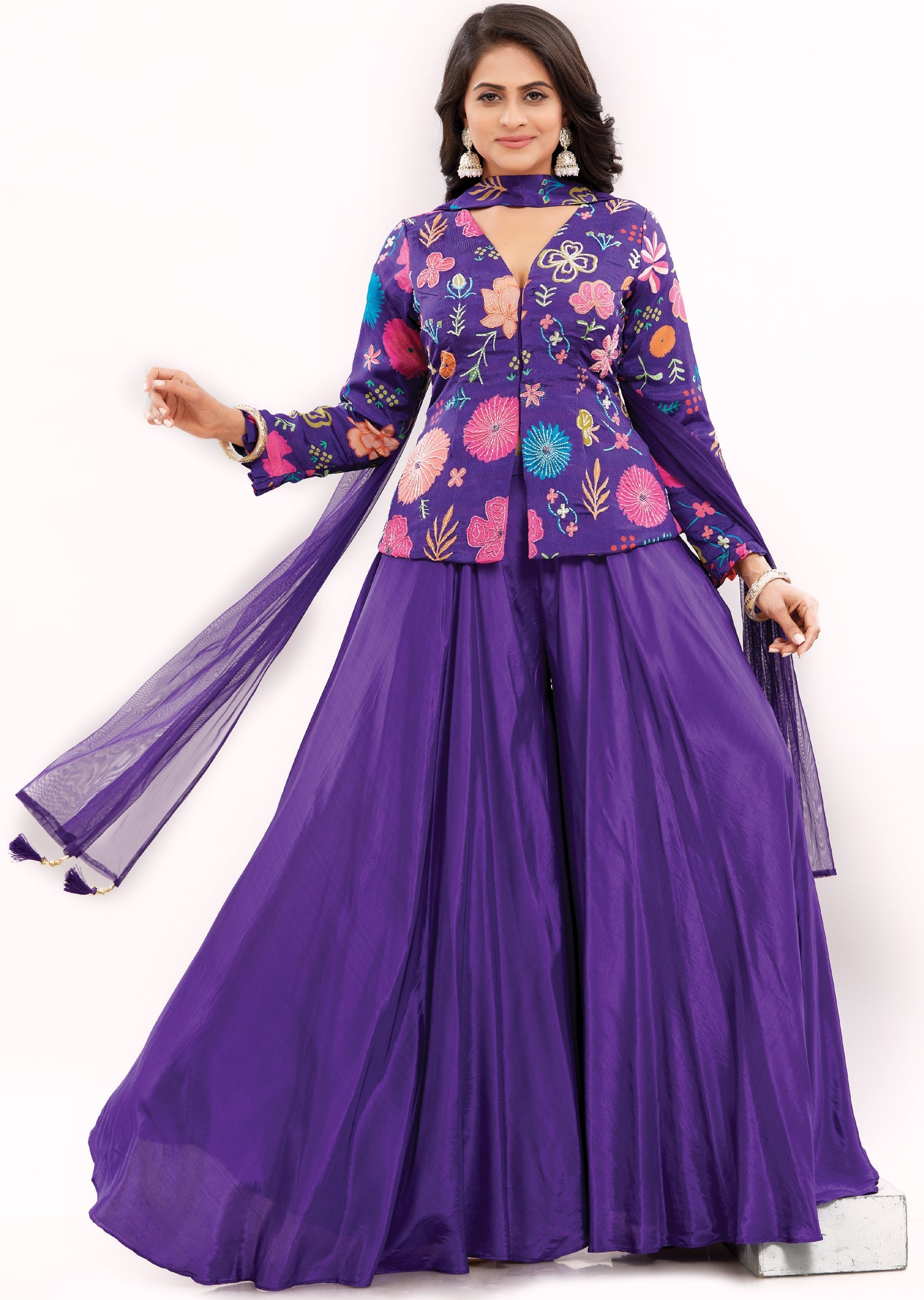 Purple Chinnon Fusion Indo-Western Front Open Blouse with Matching Crepe Palazzo and Net Dupatta