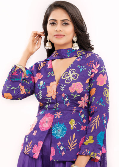 Purple Chinnon Fusion Indo-Western Front Open Blouse with Matching Crepe Palazzo and Net Dupatta