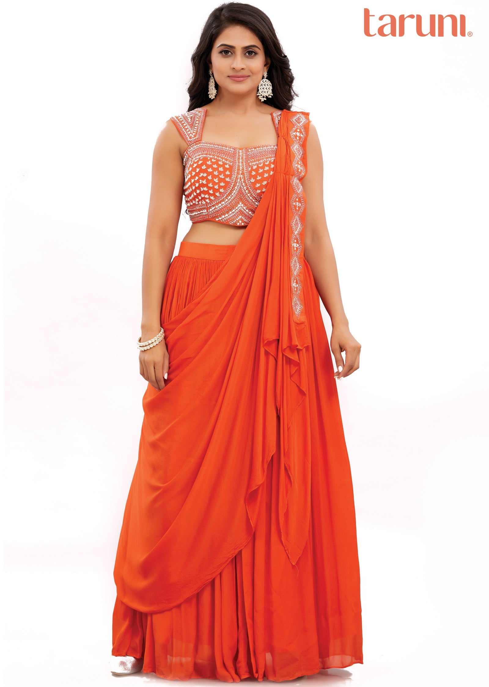 Orange Silk Pre-Draped Saree with Fancy Blouse