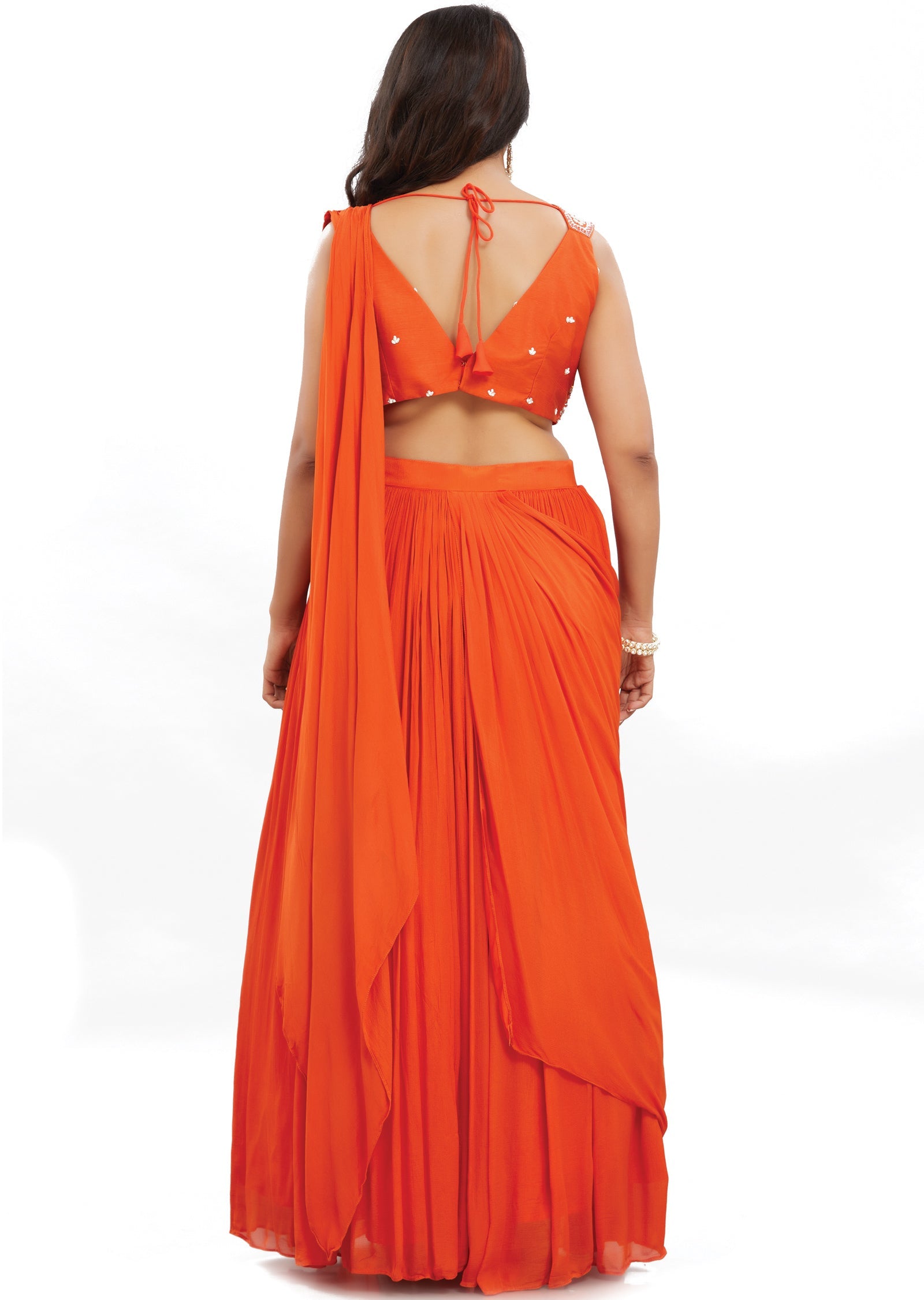 Orange Silk Pre-Draped Saree with Fancy Blouse