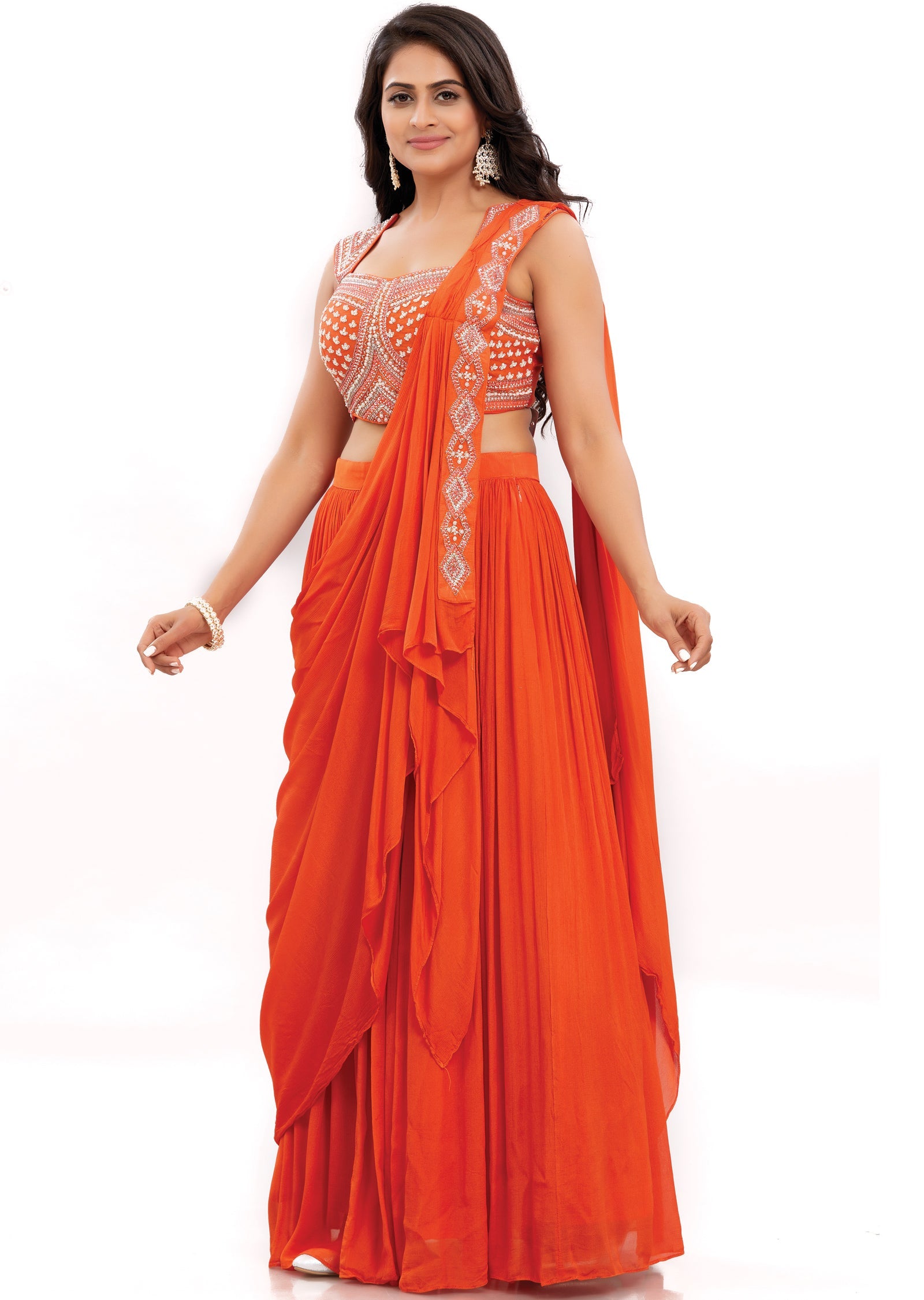 Orange Silk Pre-Draped Saree with Fancy Blouse