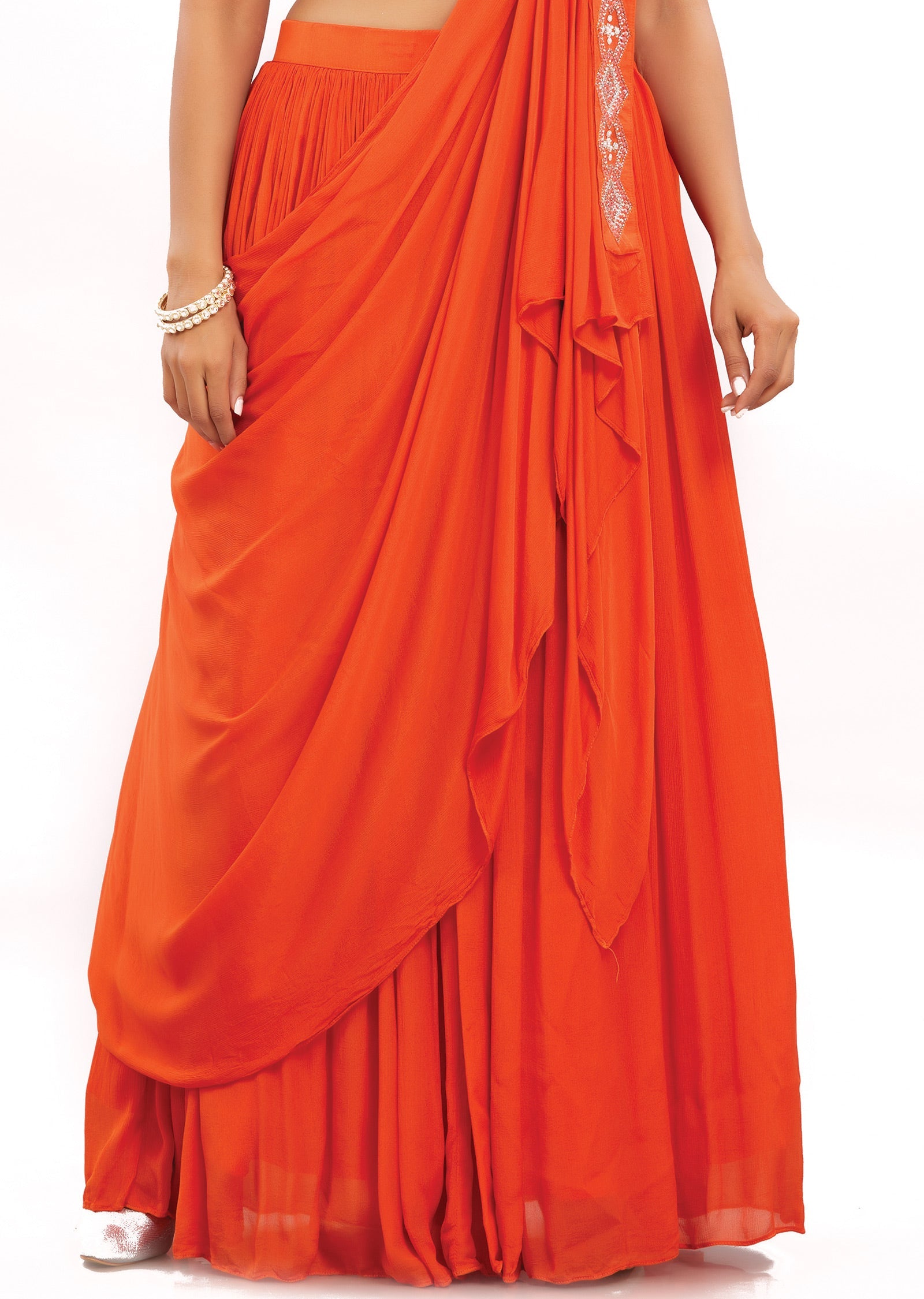 Orange Silk Pre-Draped Saree with Fancy Blouse