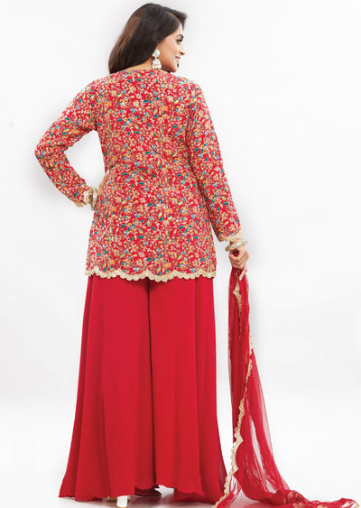 Red Chinnon Indo-Western Palazzo Set with Long Blouse