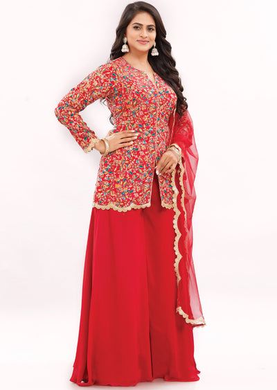 Red Chinnon Indo-Western Palazzo Set with Long Blouse