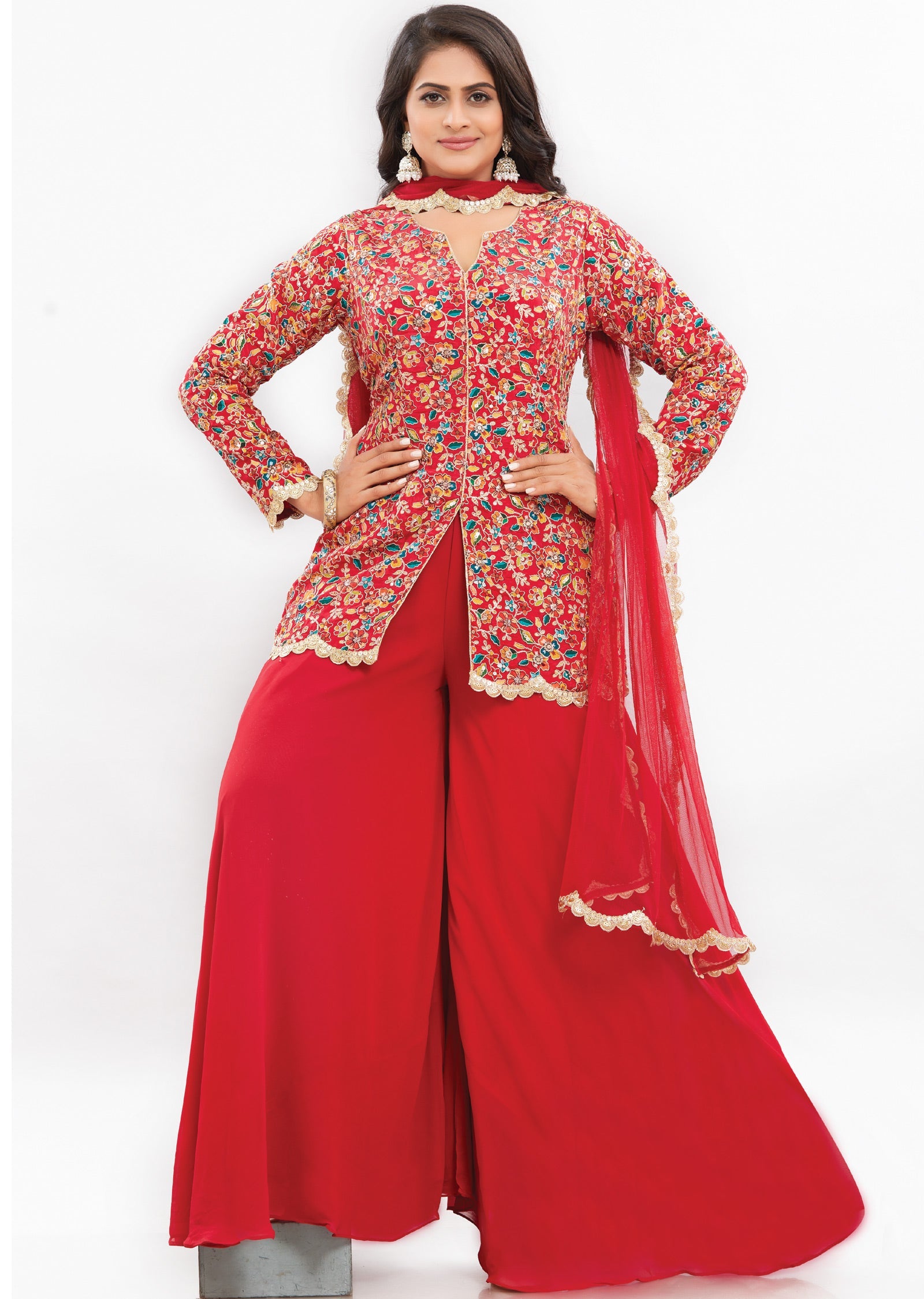 Red Chinnon Indo-Western Palazzo Set with Long Blouse