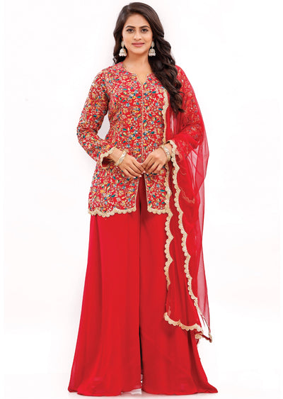 Red Chinnon Indo-Western Palazzo Set with Long Blouse