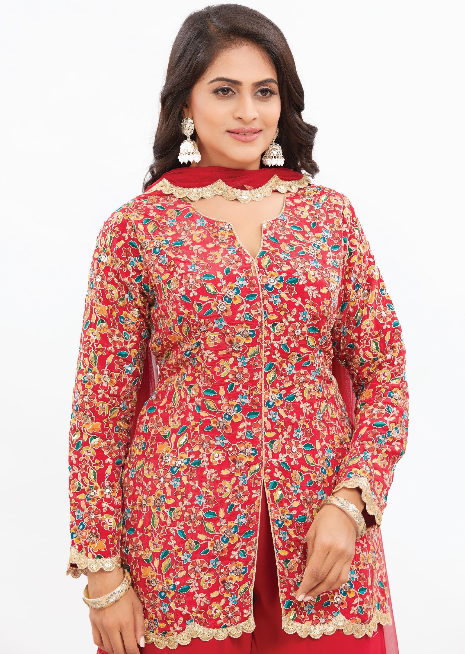 Red Chinnon Indo-Western Palazzo Set with Long Blouse