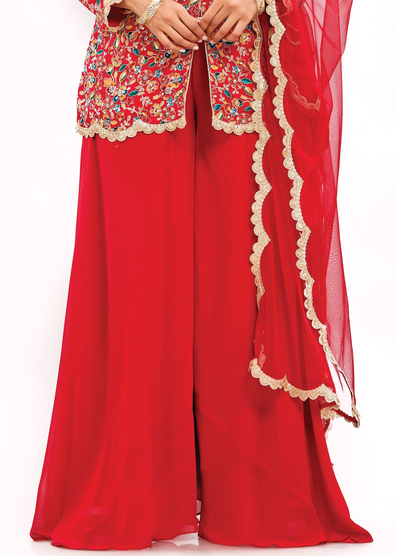 Red Chinnon Indo-Western Palazzo Set with Long Blouse