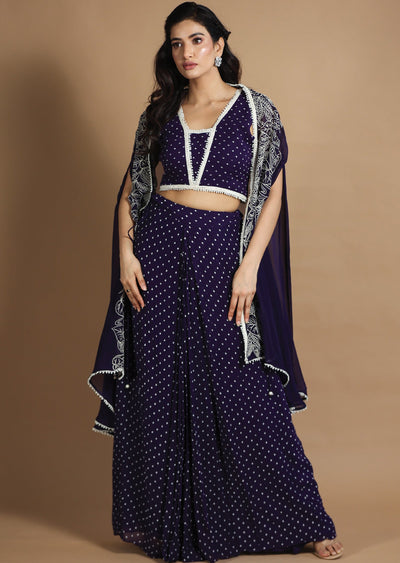 Purple Georgette Indo-Western Pleated Skirt Set with Jacket