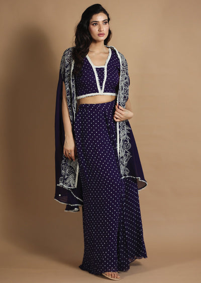 Purple Georgette Indo-Western Pleated Skirt Set with Jacket