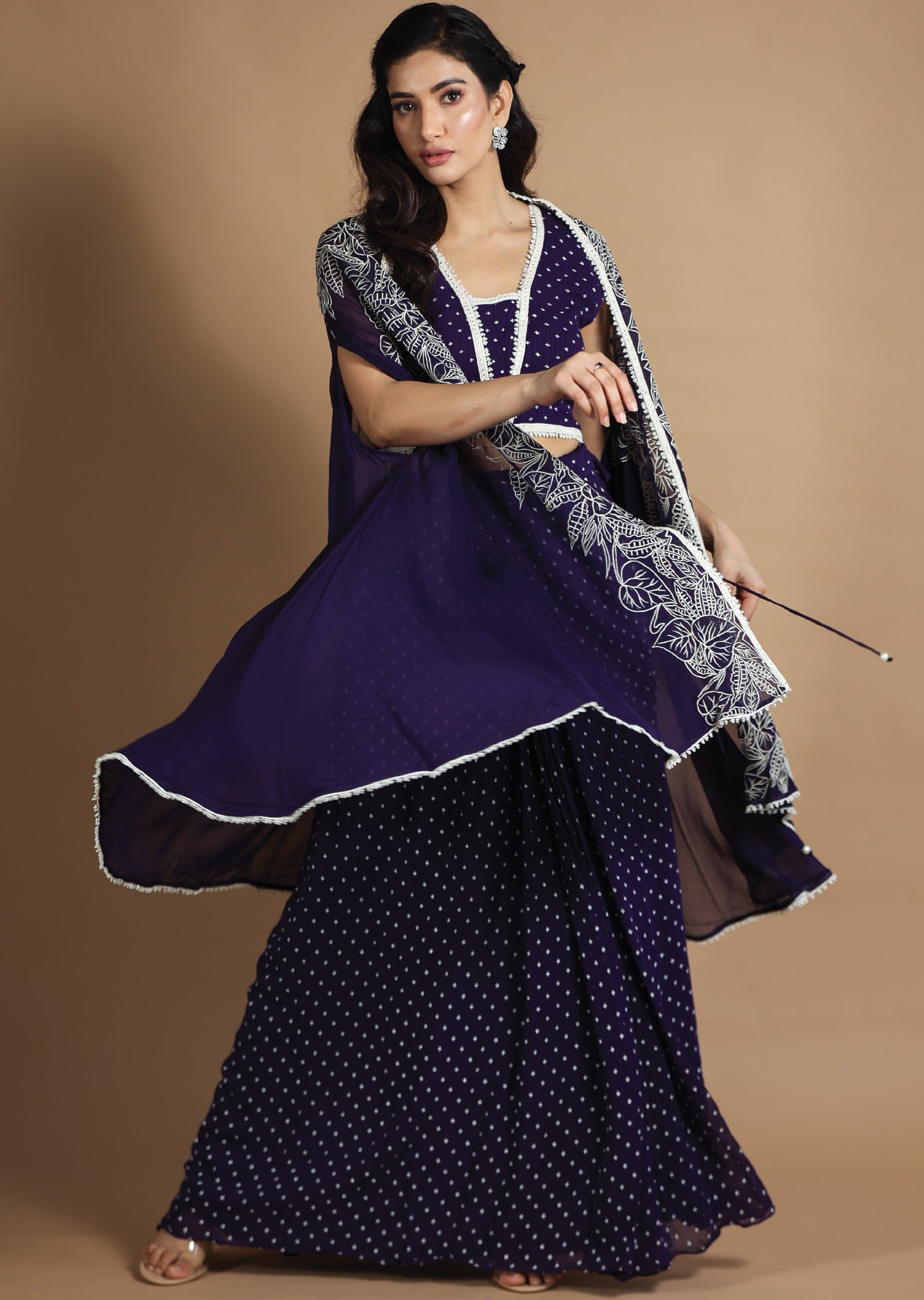 Purple Georgette Indo-Western Pleated Skirt Set with Jacket