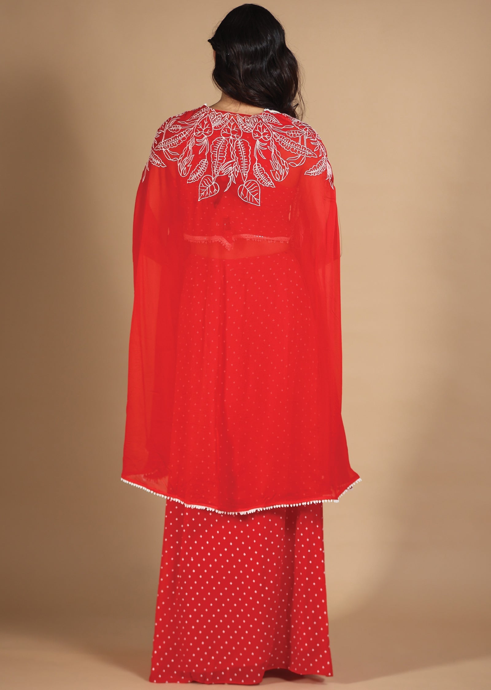 Red Georgette Indo-Western Pleated Skirt Set with Jacket