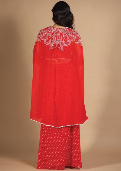 Red Georgette Indo-Western Pleated Skirt Set with Jacket