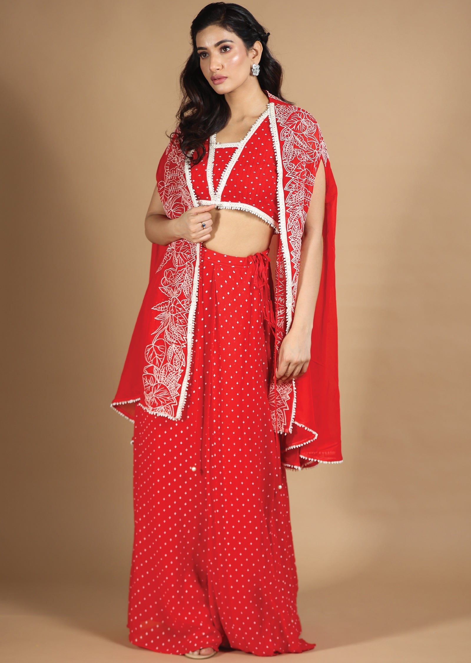 Red Georgette Indo-Western Pleated Skirt Set with Jacket