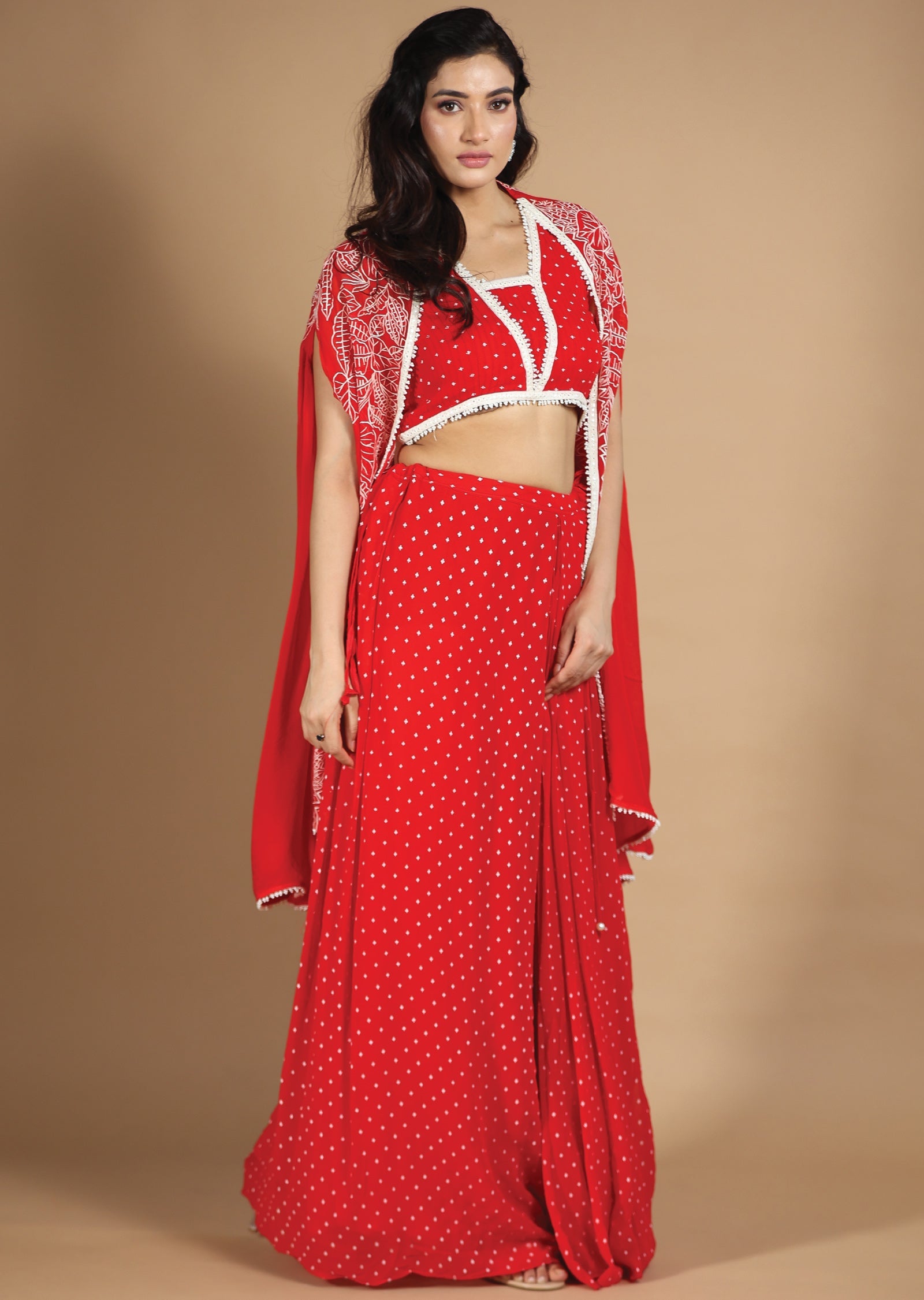 Red Georgette Indo-Western Pleated Skirt Set with Jacket