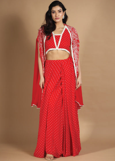 Red Georgette Indo-Western Pleated Skirt Set with Jacket