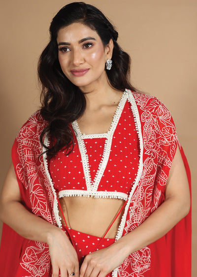 Red Georgette Indo-Western Pleated Skirt Set with Jacket