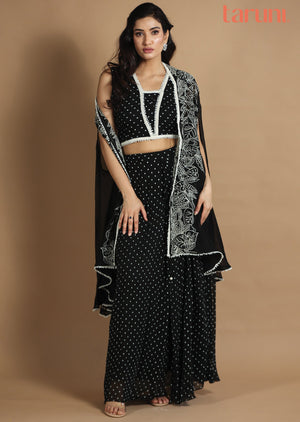 Black Georgette Indo-Western Pleated Skirt Set with Jacket