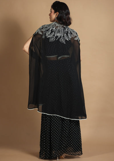 Black Georgette Fusion/Indo-Western Blouse with Matching Pleated Skirt and Long Jacket