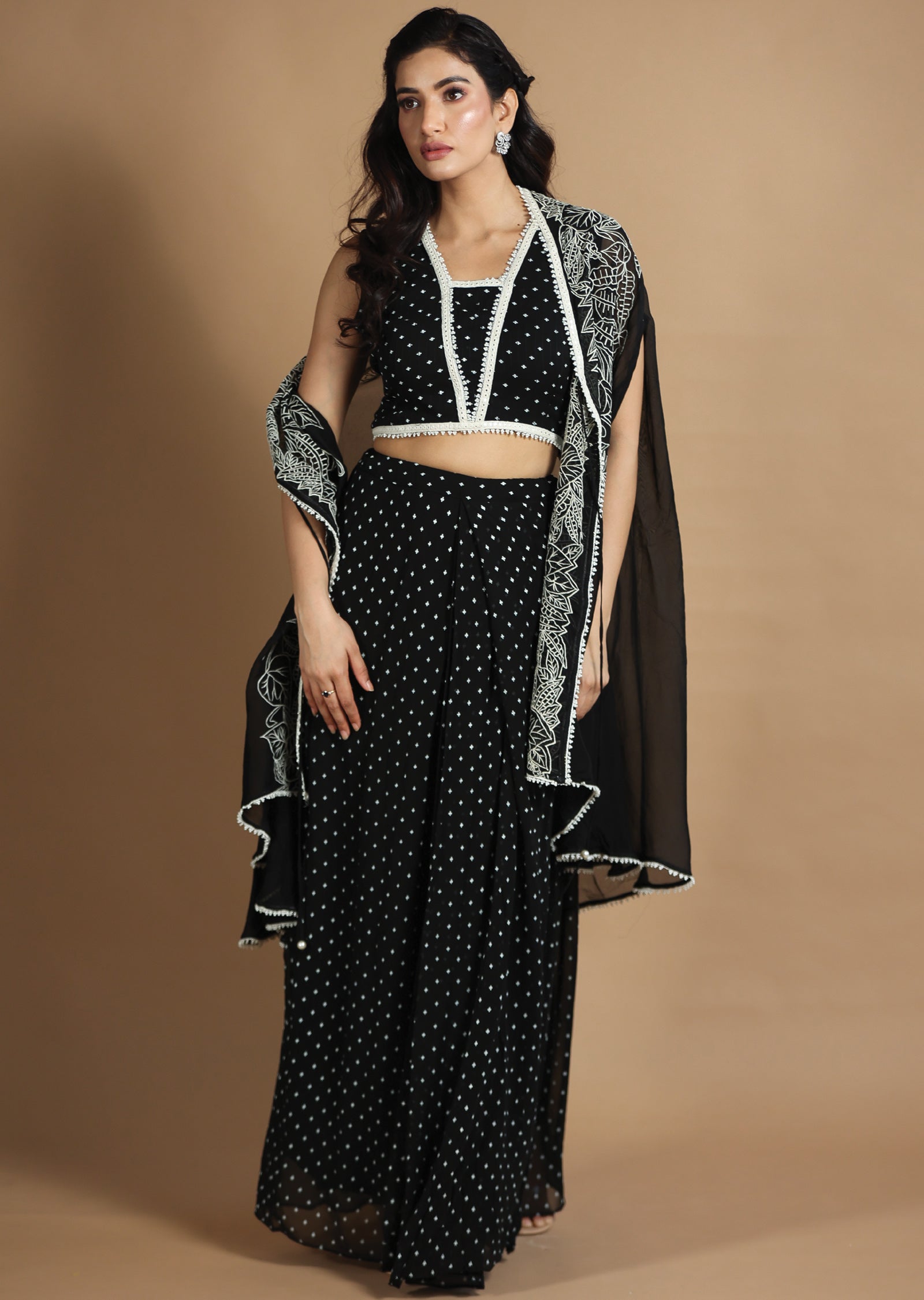 Black Georgette Fusion/Indo-Western Blouse with Matching Pleated Skirt and Long Jacket